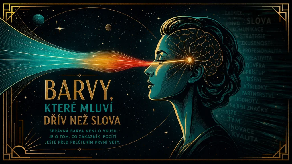 Profil ženy se spektrem barev vstupujícím do mysli, ilustrující, že barva působí na zákazníka dřív než slova.