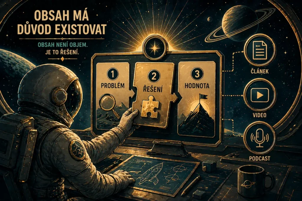 Ilustrace tvorby obsahu jako řešení konkrétního problému, s návazností na článek, video a podcast jako různé formáty obsahu.