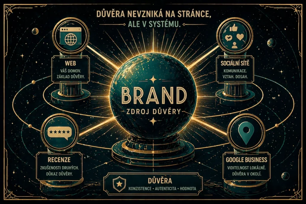 Ilustrace značky jako zdroje důvěry, která propojuje web, sociální sítě, recenze a Google Business profil do jednotného systému.