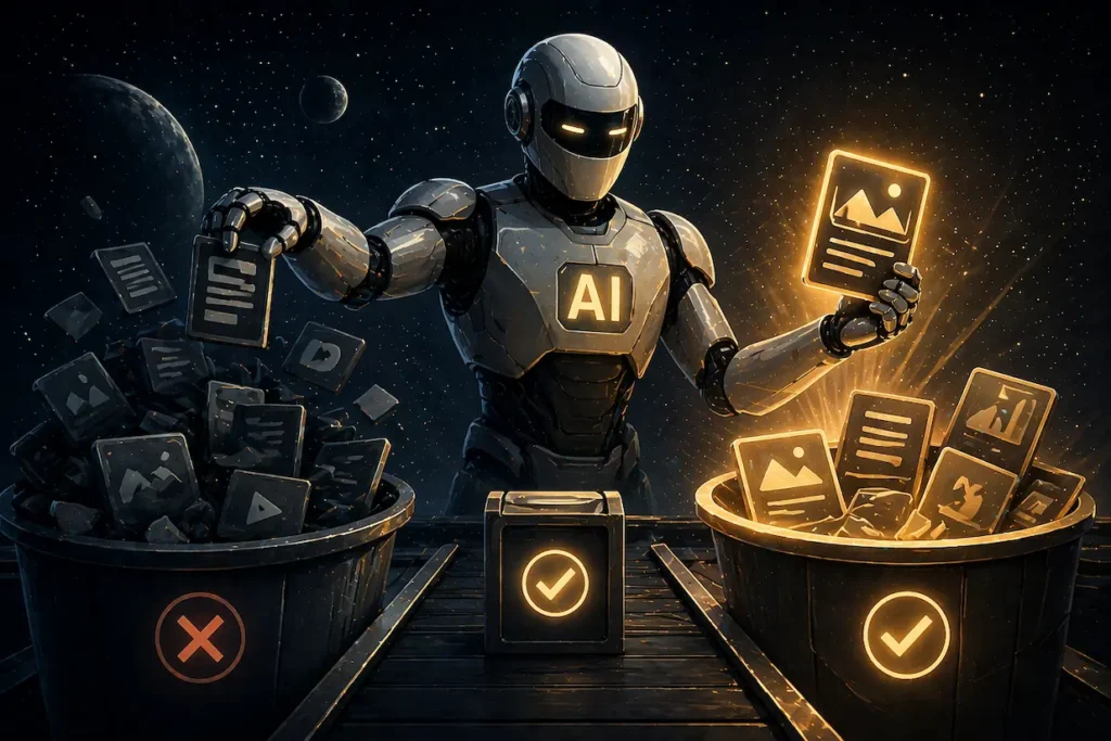 Ilustrace AI robota, který třídí obsah a odděluje nekvalitní automaticky generované materiály od hodnotného obsahu.