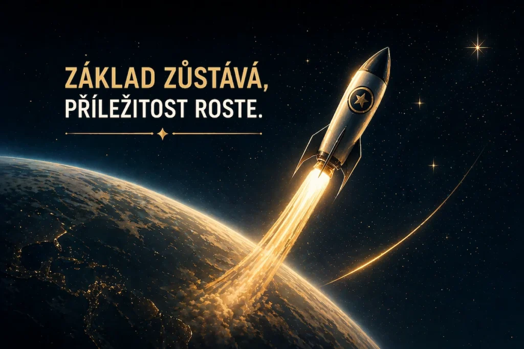 Zlatá raketa startující od Země do vesmíru s nápisem „Základ zůstává, příležitost roste"