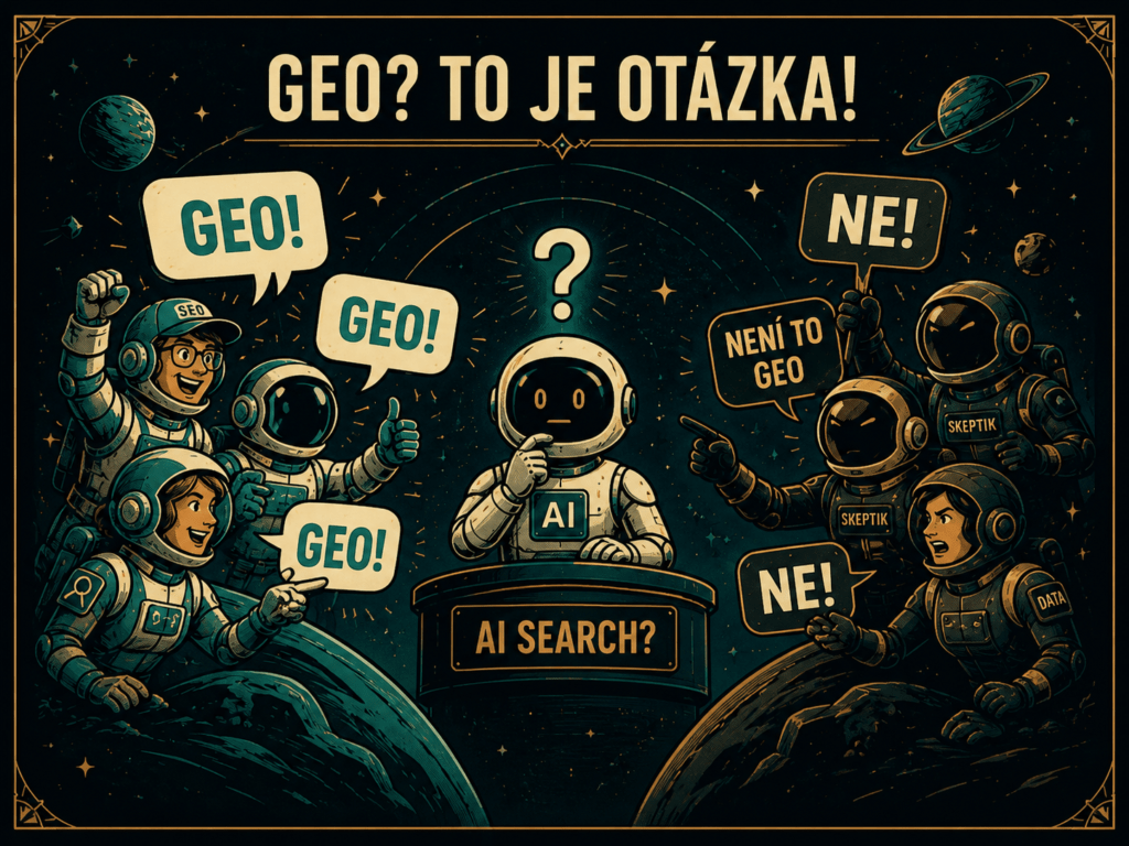Ilustrace astronautů debatujících s AI robotem, zda používat označení GEO pro optimalizaci obsahu do AI odpovědí.